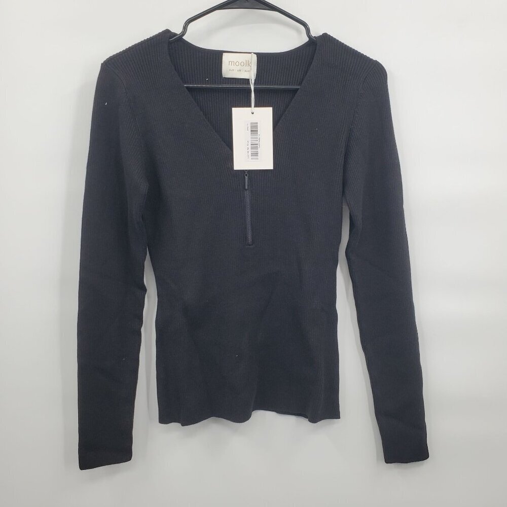 Moolk Lola Knit Top Women Size 12 NWT Long Sleeve Zip Front Ribbed V Neck